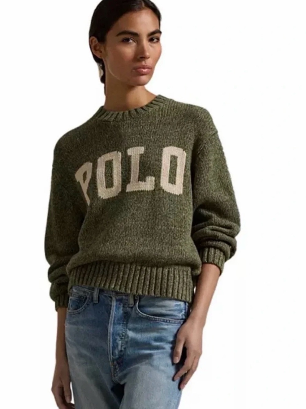 Polo by Ralph Lauren Olive Knit Crewneck Sweater with Cream Logo - Picture 2 of 5
